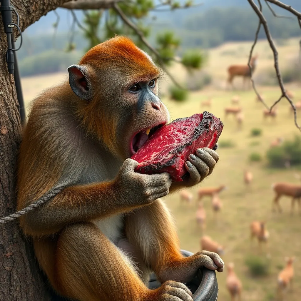 Prompt: A monkey with a mouth 4 times larger than its head is trying to eat a large steak in one bite while sitting in a tree stand 20 feet in the air overlooking a field of deer.