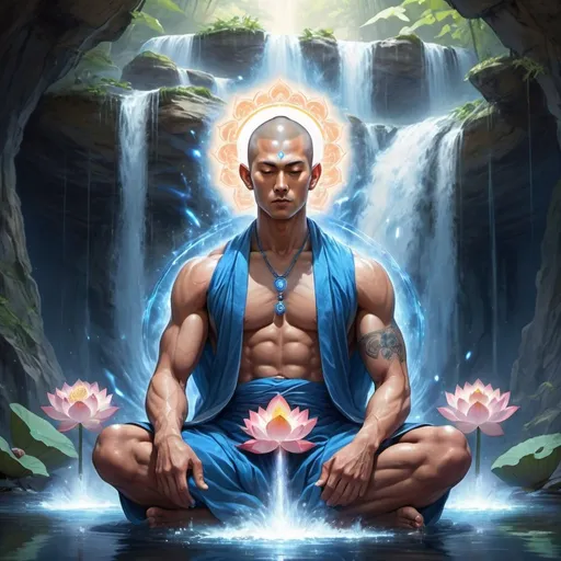 Prompt: A muscular otherworldly enlightened tantric monk with a handsome face and blue robes sitting in a lotus in a waterfall fantasy art anime style with blue lotuses around him with a holy aura/halo with precept marks and earrings