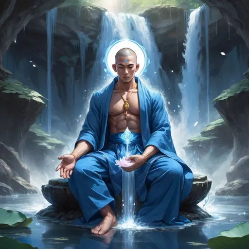 Prompt: A muscular monk with a handsome face and blue robes sitting in a lotus in a waterfall fantasy art anime style with blue lotuses around him with a holy aura/halo