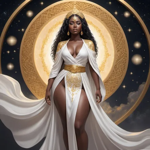 Prompt: 
Aditolo Ajeje, the epitome of celestial beauty, is adorned in robes of pristine white and shimmering gold, a vision of ethereal elegance. Her celestial attire drapes around her form with grace and fluidity, the fabric flowing like celestial clouds, woven from the very essence of the heavens.

Her features, sculpted with divine precision, radiate with an inner light, complemented by eyes of golden amber that gleam with wisdom and power. Framed by thick, dark lashes, they hold a mesmerizing intensity that captivates all who meet her gaze.

A cascade of midnight-black hair falls in glossy waves down her back, shimmering with a celestial sheen that catches the light like the stars against the night sky. Its celestial beauty is matched only by the purity of her attire, the robes adorned with intricate patterns of celestial symbols and embroidery, crafted in threads of gleaming gold.

With each movement, Aditolo's robes trail behind her like a celestial train, leaving a shimmering trail of light in her wake. Her attire is a reflection of her celestial status and power, a testament to her divine grace and majesty in the celestial realms. In the celestial heavens, where beauty is revered above all else, Aditolo Ajeje stands as a paragon of celestial elegance and allure, her presence commanding attention and admiration from all who behold her celestial splendor. Anime Style. BBW Thick and Curvy 