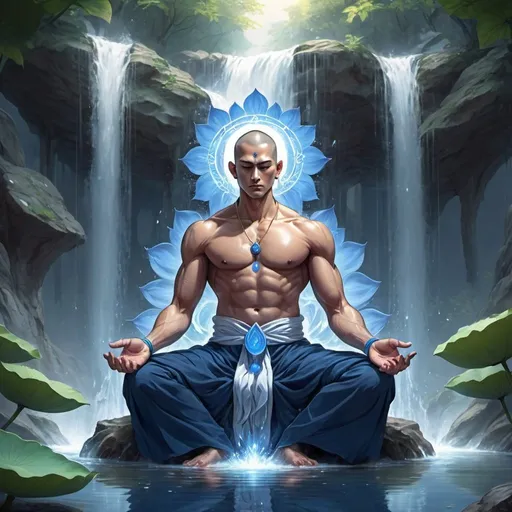 Prompt: A muscular tantric monk with a handsome face and blue robes sitting in a lotus in a waterfall fantasy art anime style with blue lotuses around him with a holy aura/halo