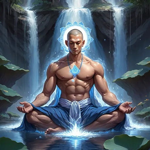 Prompt: A muscular tantric monk with a handsome face and blue robes sitting in a lotus in a waterfall fantasy art anime style with blue lotuses around him with a holy aura/halo