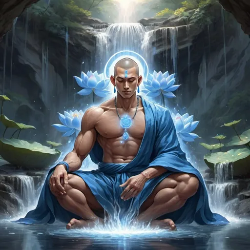 Prompt: A muscular tantric monk with an handsome face and blue robes sitting in a lotus in a waterfall fantasy art anime style with blue lotuses around him with a holy aura/halo with precept marks and earrings