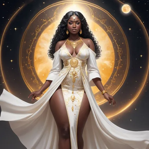 Prompt: 
Aditolo Ajeje, the epitome of celestial beauty, is adorned in robes of pristine white and shimmering gold, a vision of ethereal elegance. Her celestial attire drapes around her form with grace and fluidity, the fabric flowing like celestial clouds, woven from the very essence of the heavens.

Her features, sculpted with divine precision, radiate with an inner light, complemented by eyes of golden amber that gleam with wisdom and power. Framed by thick, dark lashes, they hold a mesmerizing intensity that captivates all who meet her gaze.

A cascade of midnight-black hair falls in glossy waves down her back, shimmering with a celestial sheen that catches the light like the stars against the night sky. Its celestial beauty is matched only by the purity of her attire, the robes adorned with intricate patterns of celestial symbols and embroidery, crafted in threads of gleaming gold.

With each movement, Aditolo's robes trail behind her like a celestial train, leaving a shimmering trail of light in her wake. Her attire is a reflection of her celestial status and power, a testament to her divine grace and majesty in the celestial realms. In the celestial heavens, where beauty is revered above all else, Aditolo Ajeje stands as a paragon of celestial elegance and allure, her presence commanding attention and admiration from all who behold her celestial splendor. Anime Style. BBW Thick and Curvy 