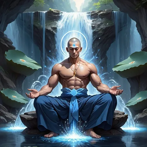Prompt: A muscular tantric monk with a handsome face and blue robes sitting in a lotus in a waterfall fantasy art anime style with blue lotuses around him with a holy aura/halo