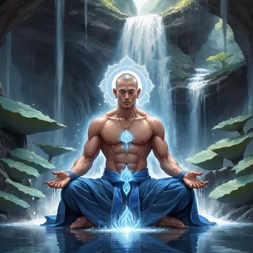 Prompt: A muscular tantric monk with a handsome face and blue robes sitting in a lotus in a waterfall fantasy art anime style with blue lotuses around him with a holy aura/halo with precept marks