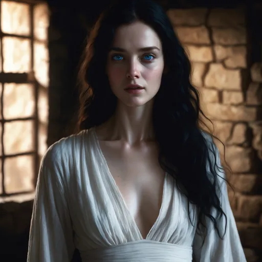Prompt: detailed portrait of pale woman with blue eyes and wavy black hair, wearing a revealing white dress, art by ruan jia and greg rutkowski, realistic, soft lighting, medieval room background,  sensual pose waist, medieval, game-rpg, lean, ethereal, fit, adult, atmosphere, juicy, wanting, inviting, room, plentiful, warm, need, wavy black hair, adult, atmosphere, adult, attractive, middle ages, artstation, digital art, illustration
