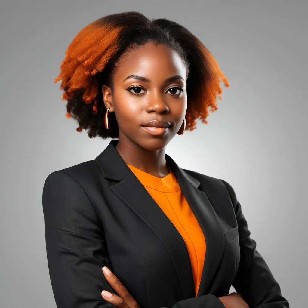 Prompt: generate an image for a black woman with corporate orange and black suit