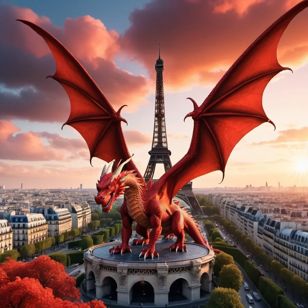 Prompt: Imagine a dragon, protecting the eifel tower!
This dragon should be red, looking over france and protection the city
