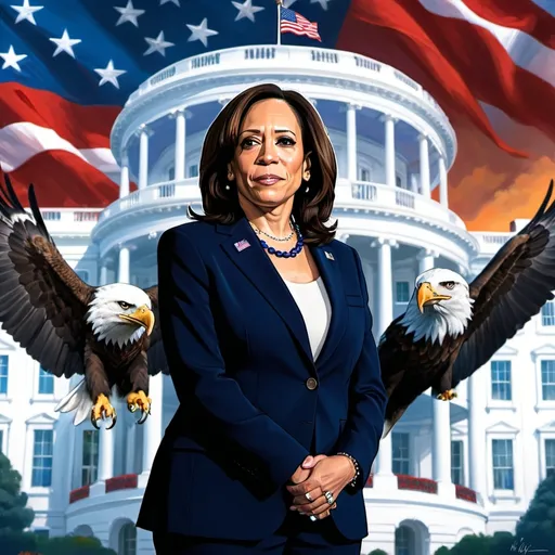 Prompt: Imagin kammala Harris as President on the USA with Tim Walz behind her with the White house in the back round and a eagle if her shoulder


