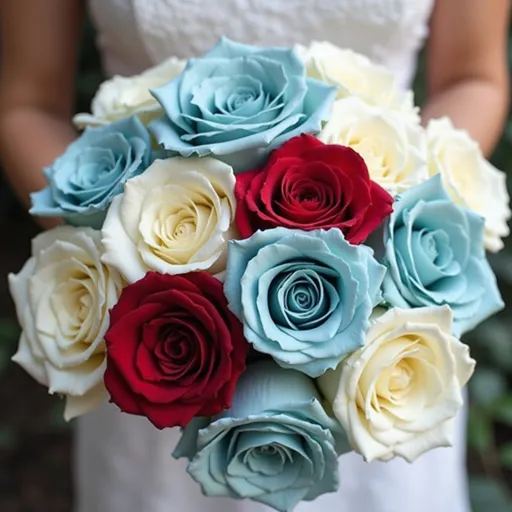 Prompt: A bouquet with white and dusty blue roses with 2 single red roses
