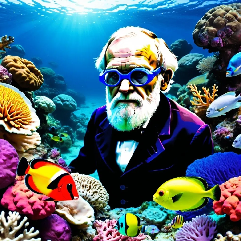 Prompt: Charles darwin swimming in colorful coral reef with swimming googles