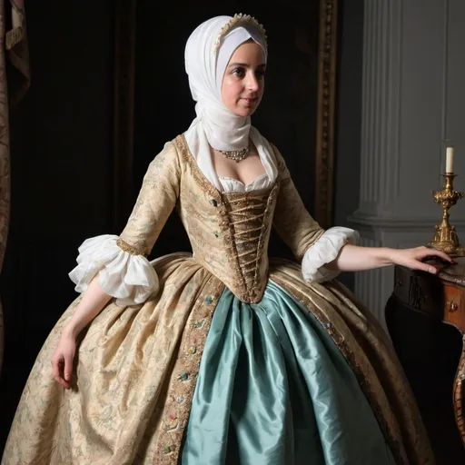 Prompt: A 18th century woman wearing an 18th century ball gown with a hijab on or a long wimple 