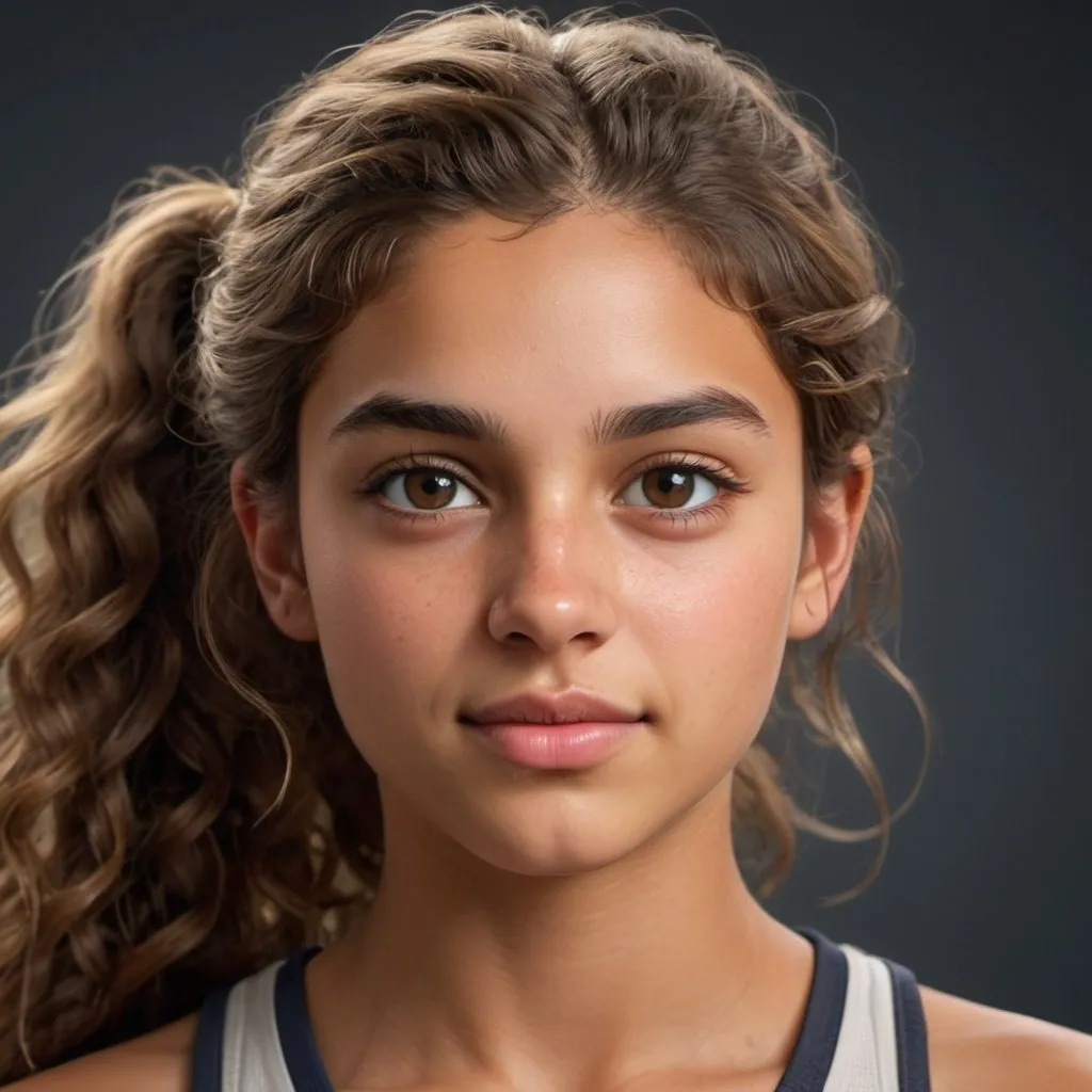 Prompt: Teenage girl with curly wavy hair, brown siren eyes, long defined face, unshaved eyebrows, straight nose, Indian tan skin, athletic physique, little upper lip hair, slicked back middle part ponytail, detailed eyes, realistic, high quality, detailed, warm tones, natural lighting