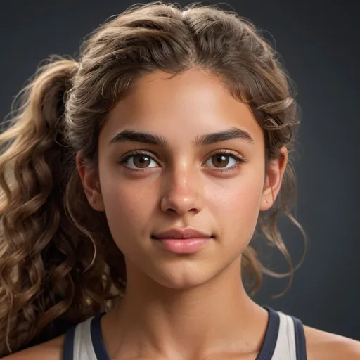 Prompt: Teenage girl with curly wavy hair, brown siren eyes, long defined face, unshaved eyebrows, straight nose, Indian tan skin, athletic physique, little upper lip hair, slicked back middle part ponytail, detailed eyes, realistic, high quality, detailed, warm tones, natural lighting