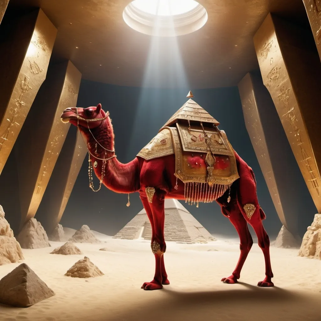 Prompt: A rare and bizarre red camel with a unique skin texture stands without any ropes or saddle in a heavenly, luxurious, and futuristic pyramid-like treasure site. The sandy ground is strewn with a shimmering array of raw diamonds, gold, gems, and precious stones, creating a scene of opulent splendor. The ambiance is ancient and cinematic, with hyper-realistic, dramatic lighting highlighting every ultra-fine detail.