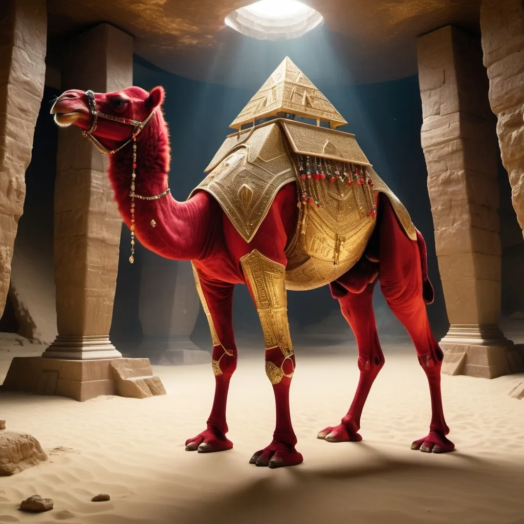 Prompt: A rare and bizarre red camel with a unique skin texture stands without any ropes or saddle in a heavenly, luxurious, and futuristic pyramid-like treasure site. The sandy ground is strewn with a shimmering array of raw diamonds, gold, gems, and precious stones, creating a scene of opulent splendor. The ambiance is ancient and cinematic, with hyper-realistic, dramatic lighting highlighting every ultra-fine detail.