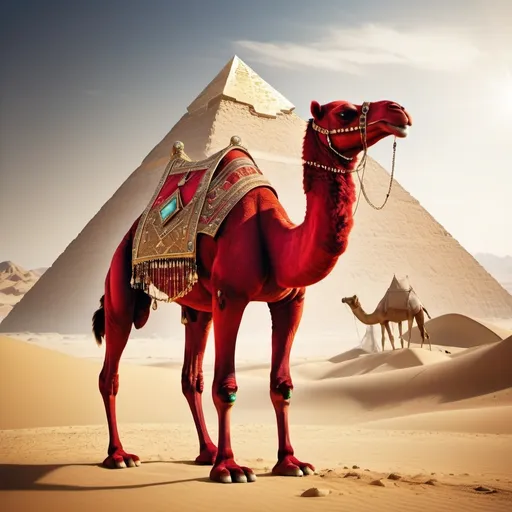 Prompt: Rarest untamed bizarre red camel standing, luxury pyramid of opulence rising majestically in the background in regally amidst the secret treasure desert sands location which ground strewn with a shimmering array of luxury raw diamonds, raw golds, raw gems, and precious stones, ancient cinematic ambiance, hyper-realistic, dramatic lighting, ultra fine detail, raw stones and gems