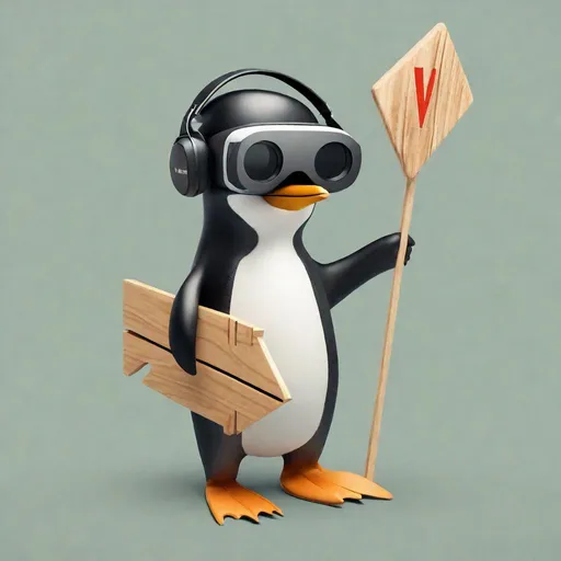 Prompt: A pinguin wearing a VR headset and holding in both hands a big wooden arrow sign pointing to the left 