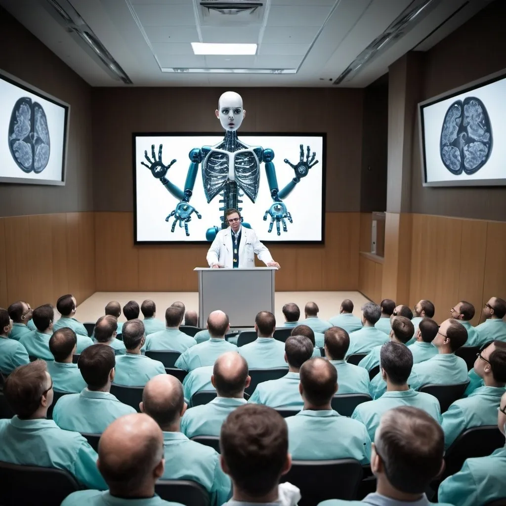 Prompt: a crazy scientist giving a presentation on artificial intelligence to a large audience of surgeons
