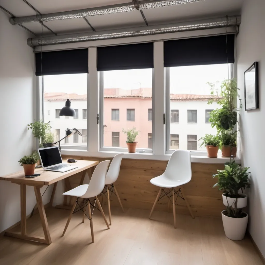 Prompt: Crear vistas de una oficina de o metro de largo por cuatro metros de ancho, done al fondo se ve un escritorio con una ventana arriba, con cortina americana. Delante sobre el lateral derecho hay dos escritorios que funcionan como puestos de trabajo de atención al público con dos sillas del otro lado cada uno. Enfrente a ellos dos sillones pequeños como espera, se ven dos plantas de decoración. Sobre el techo, cuelgan lámparas del tipo colgantes con formas de círculos. Todas las paredes y el techos son blancos y piso de lostones de madera oscura.