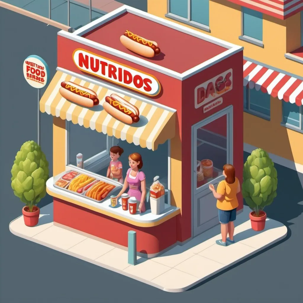 Prompt: Theme park like Hot dog stand , with sign that says “NUTRITIOUS FOOD” . A woman with her child is standing waiting to order at the window. Have the stand againstvtransparent background . Make in isometric perspective in a vector art style. Have vegetables and food visible as chices