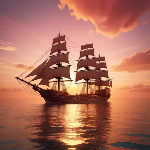 Prompt: A Malay ship moving in sunset, photorealistic, birds flying around, warm color scheme, golden hour, vibrant orange and pink hues, serene atmosphere, calm ocean background, detailed reflections on water, high quality, 4K, ultra-detailed, cinematic lighting, dramatic sky.