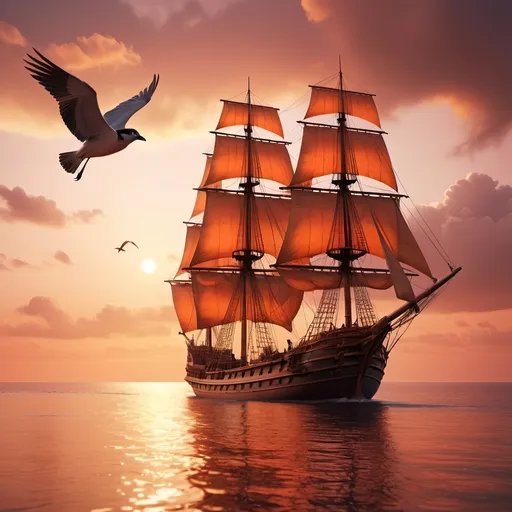 Prompt: A Malay ship moving in sunset, photorealistic, dramatic sky, birds flying around, golden hour, vibrant orange and pink hues, serene atmosphere, detailed reflections on water, calm ocean background, cinematic lighting, ultra-detailed, high quality, 4K, cool color scheme, calm and tranquil, intricate details on the ship and water, warm color tones blending with the cool scheme to add contrast, realistic textures and lighting effects