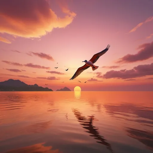 Prompt: A Malay jong in sunset, photorealistic, birds flying, warm color scheme, golden hour, vibrant orange and pink hues, serene atmosphere, calm ocean background, detailed reflections on water, high quality, 4K, ultra-detailed, cinematic lighting, dramatic sky.