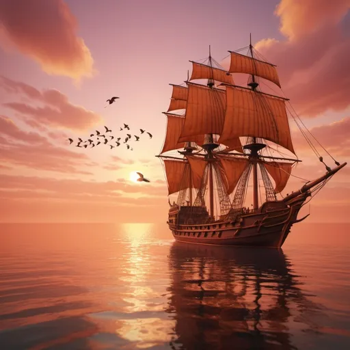 Prompt: A Malay ship in sunset, photorealistic, birds flying, warm color scheme, golden hour, vibrant orange and pink hues, serene atmosphere, calm ocean background, detailed reflections on water, high quality, 4K, ultra-detailed, cinematic lighting, dramatic sky.