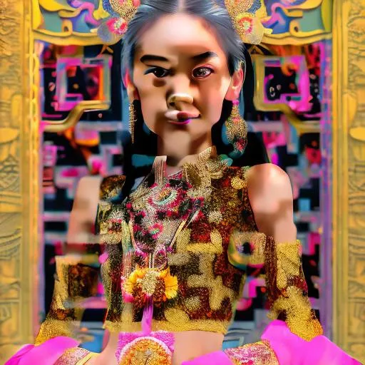 Prompt: Generate a visually stunning and artistic image of a Thai girl wearing a full traditional dress with an ancient, unique design. The dress should reflect the richness of Thai cultural heritage and fashion. Emphasize intricate details, vibrant colors, and a sense of elegance. Ensure that the final image showcases the uniqueness and beauty of Thai traditional attire.