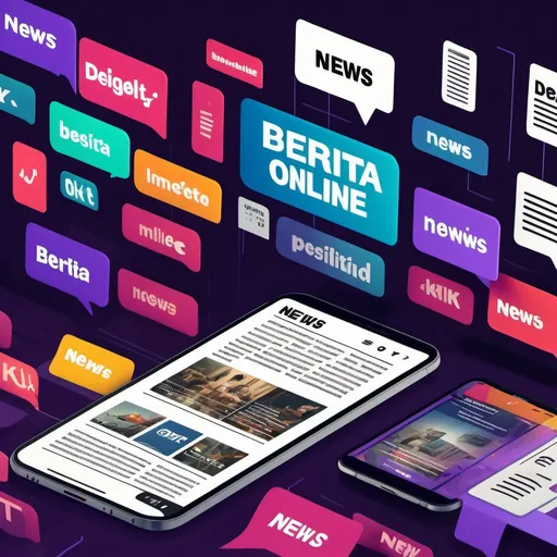 Prompt: (accurately spelled text "berita online"), digital news concept, (modern) design, vibrant colors, dynamic layout, engaging headlines, diverse images representing articles, (high quality) for online publication, immersive background showing digital elements such as devices and social media symbols, professional atmosphere that conveys urgency and immediacy in news reporting, (4K) depicted with precision and clarity.