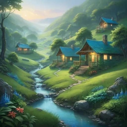 Prompt: (fantasy landscape), serene green hills, tranquil resort cabins nestled among the rolling greenery, (cool tones) of blue and green hues, ethereal lighting casting soft shadows, misty atmosphere enveloping the scene, lush gardens with vibrant flora, a gentle brook winding through the landscape, (highly detailed), (ultra-detailed), invoking a sense of peace and adventure.