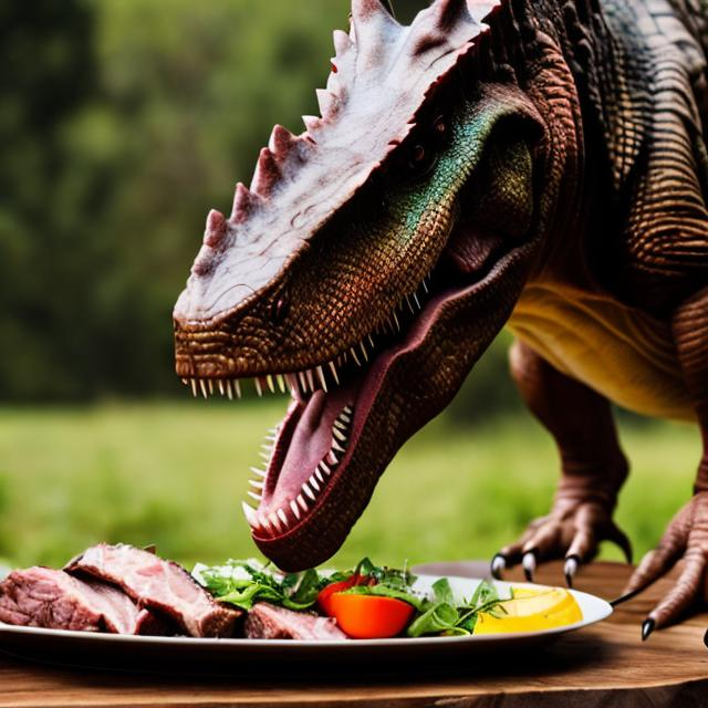 Prompt: Dinosaur eating meat 