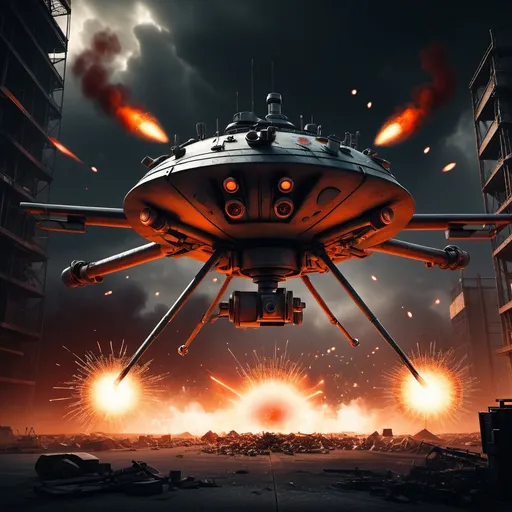 Prompt: (photo of a) (highly detailed turret), equipped with a (powerful shotgun), intricate (radar dishes) operational, dynamically firing at (small drones) overhead, explosive action scene, (intense atmosphere), depicted in a (dark, industrial setting), enhanced by dramatic (shadows) and vibrant (orange and red explosions), high definition, ultra-detailed, capturing the thrilling moment of defense technology in action.