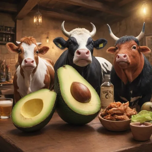 Prompt: create an avocado in a party of animals drinking tequila with a cow a pork and a chicken as friends