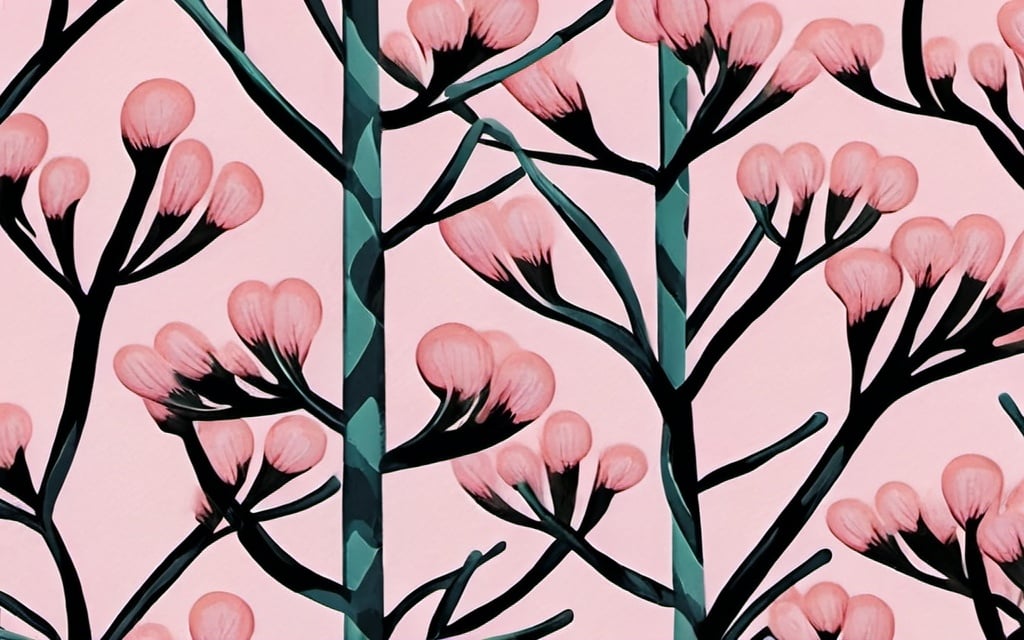 Prompt: tamarisk tree illustration, wall paper, pink, pattern