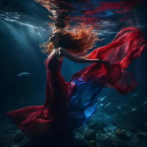 Prompt: <mymodel>Underwater photo of a woman, flowing red dress, long hair, ethereal ocean setting, vibrant red and blue tones, detailed flowing hair with graceful movement, elegant and serene pose, high quality, fantasy, ethereal, flowing dress, long hair, underwater, vibrant colors, detailed, graceful, professional lighting ,HD, fishes around