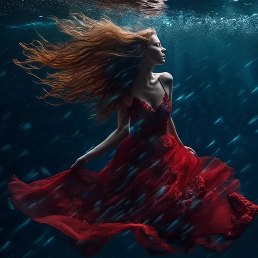 Prompt: <mymodel>Underwater photo of a woman holding Gucci purse in hir arms, flowing red dress, long hair, ethereal ocean setting, vibrant red and blue tones, detailed flowing hair with graceful movement, elegant and serene pose, high quality, fantasy, ethereal, flowing dress, long hair, underwater, vibrant colors, detailed, graceful, professional lighting ,HD, small sparkling fishes around