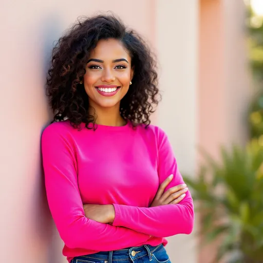 Prompt: In a casual yet vibrant outdoor setting, a woman stands confidently in front of a lightly colored wall. She wears a bright pink long-sleeve top that complements her warm smile, while her dark, curly hair frames her face beautifully. Below, she pairs the top with fitted blue jeans and navy shoes, exuding a relaxed, approachable demeanor. The natural light highlights her joyful expression, creating a cheerful atmosphere that invites engagement. The scene captures a moment of effortless style and confidence.