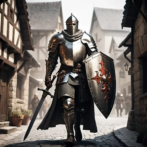 Prompt: A badass medieval paladin, walking through the streets of a town. Holding his sword and shield. Villains cowering from his presence