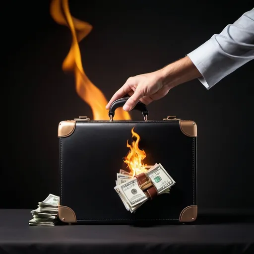 Prompt: a briefcase on fire with money in it with a hand reaching to grab the money