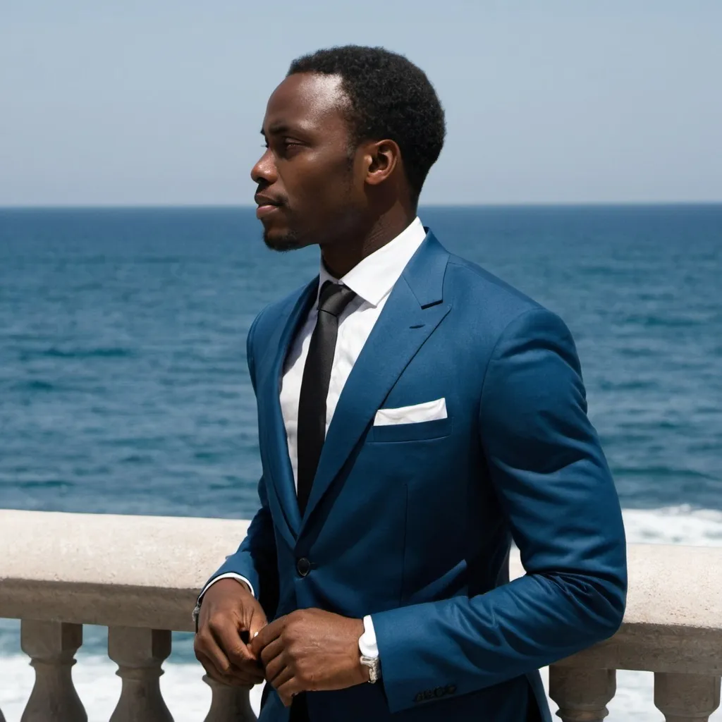 Prompt: a black man in a nice suit looking at the sea
