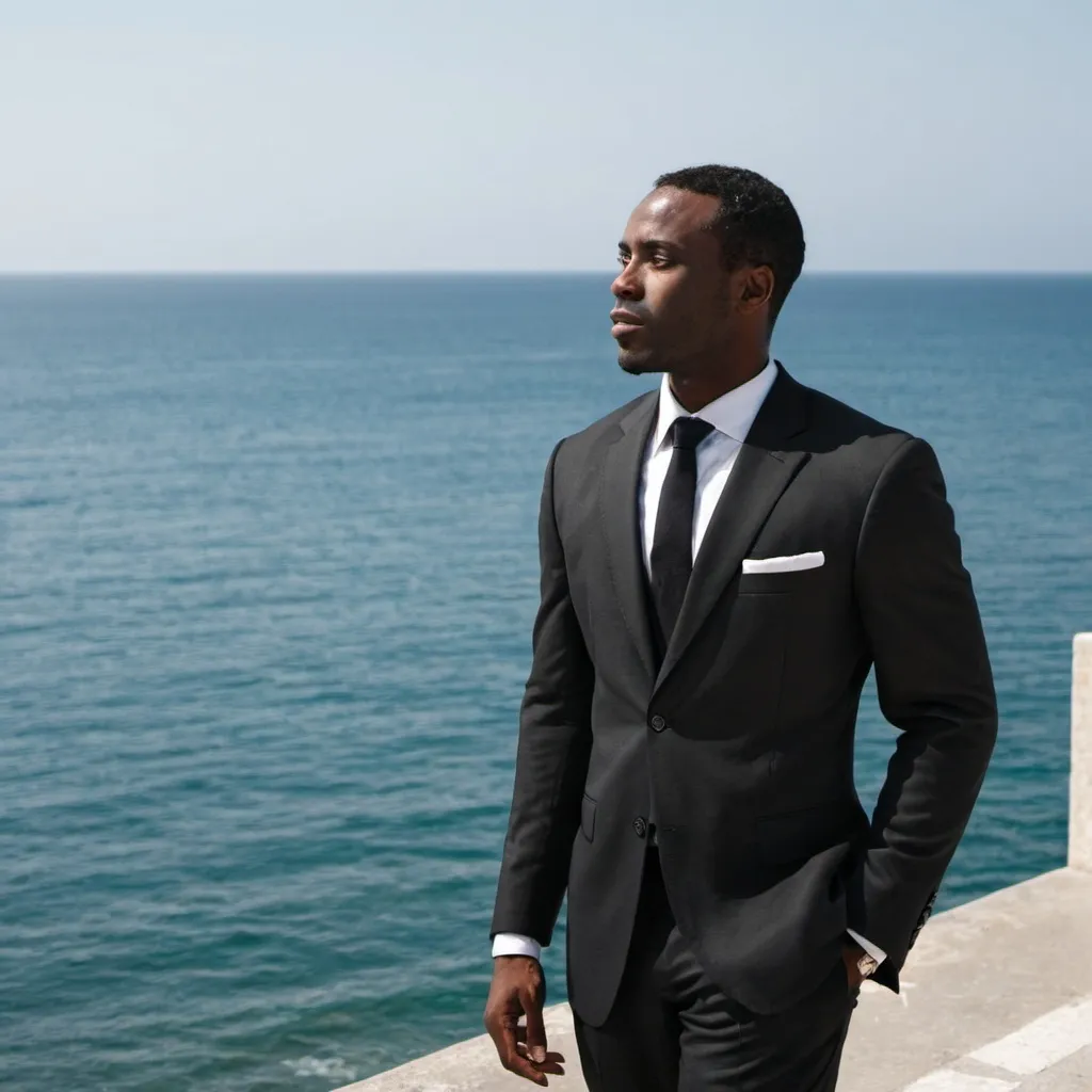 Prompt: a black man in a nice suit looking at the sea
