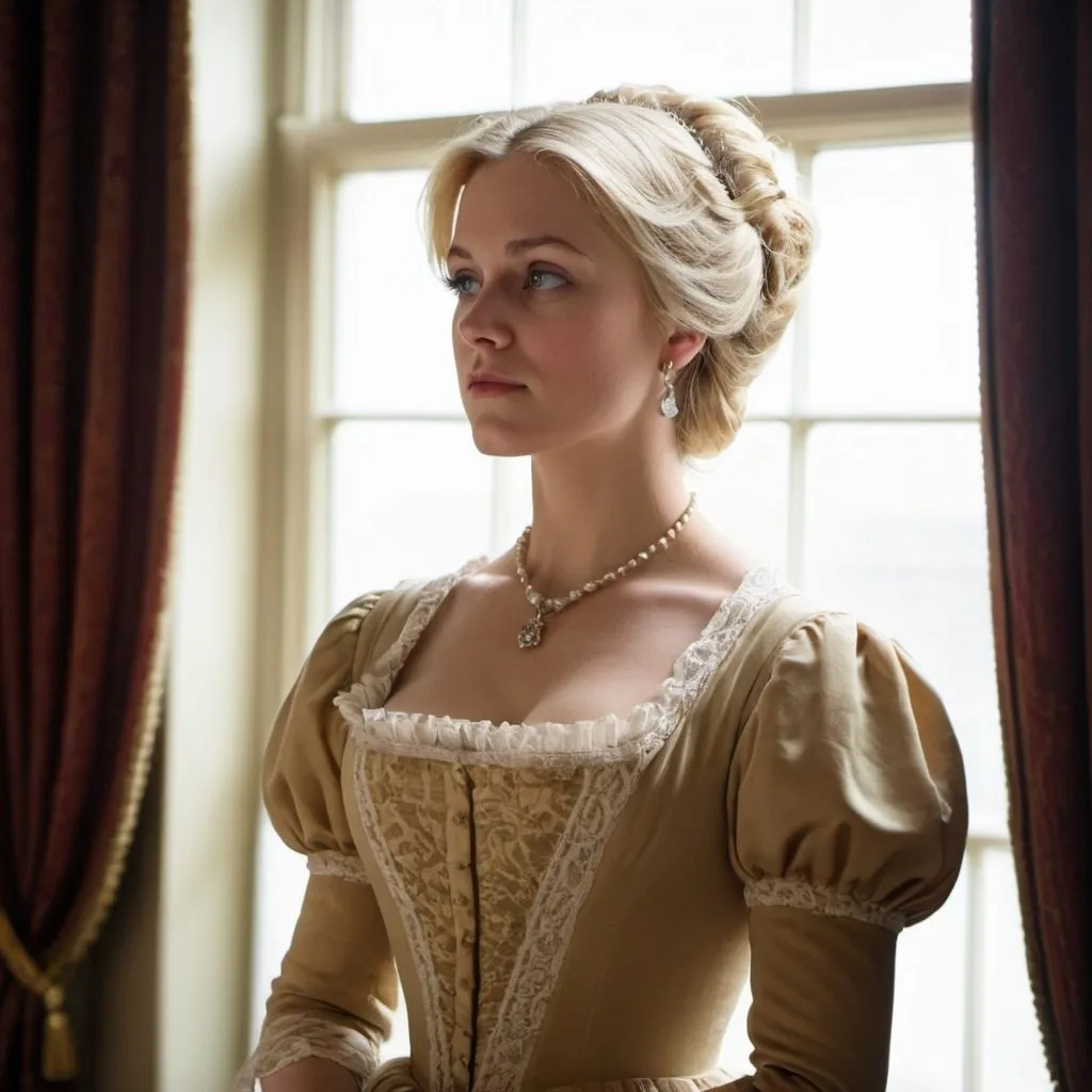 Prompt: Beautiful blonde 30 year old Regency era Duchess stares out a window of a fine room.