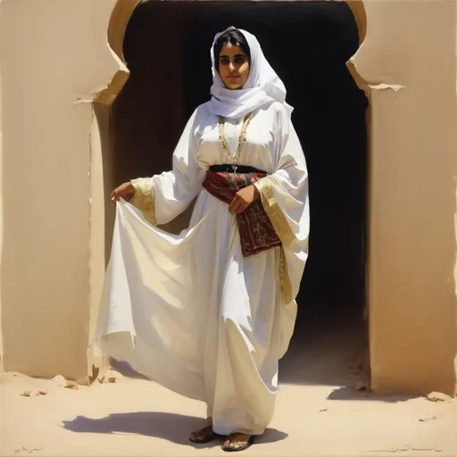 Prompt: John Sargent painting , saudi  lady standing, wearing traditional dress