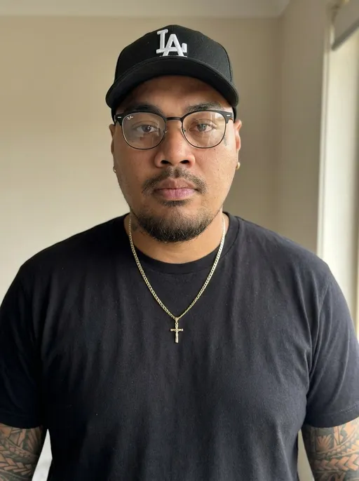 Prompt: Photorealistic front-facing portrait of the same person shown in the uploaded reference photos.

Preserve facial structure, skin tone, facial hair, and overall proportions.

Subject wearing a baseball LA cap, neutral expression, looking directly at the camera.

Subject is wearing black-framed Ray-Ban style reading glasses (thin frame, clear lenses).

Outfit is a plain black or plain white t-shirt, no logos.

Wearing a gold chain necklace with a small cross pendant, resting naturally on the chest.

Accessories should look realistic, subtle, and proportional to the subject.

Chest-up framing, natural indoor lighting, realistic camera photo quality.

Negative Prompt:

cartoon, illustration, CGI, stylised, smooth skin, different face, oversized glasses, sunglasses, tinted lenses, flashy jewelry, oversized pendant, logo t-shirt, graphic tee
