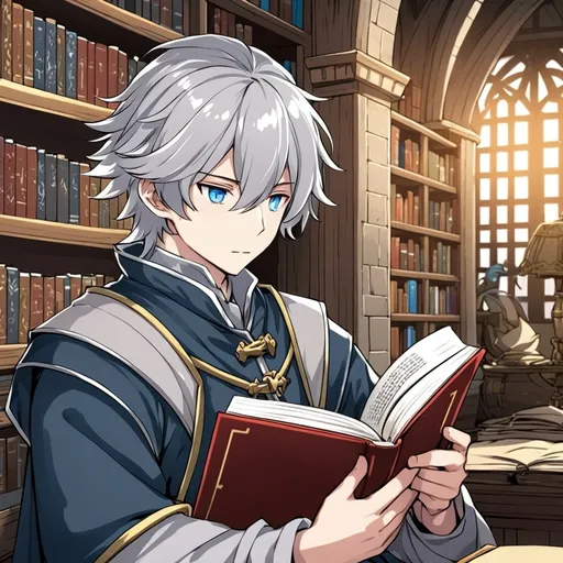 Prompt: anime, a boy reading a book in a dim library, detailed, grey hair, blue eyes, introvert, mediaeval outfit, very detailed