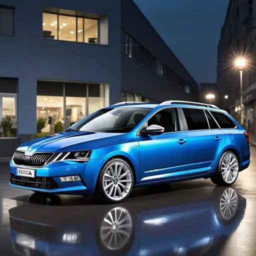 Prompt: (Skoda Octavia 2017 pre-facelift), combi stunning blue RS body kit, dynamic 18" wheels, stylish roof spoiler, intricate diffuser, and sleek chrome muffler, showcased against a vibrant urban backdrop, dramatic lighting, reflections enhancing the metallic surfaces, ultra-detailed vehicle design, capturing the essence of modern automotive aesthetics, portrayed in high definition quality.