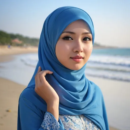 Prompt: High resolution, HDR, BEAUTIFUL Moslem girls, Asian, blue hijab, in the beach 